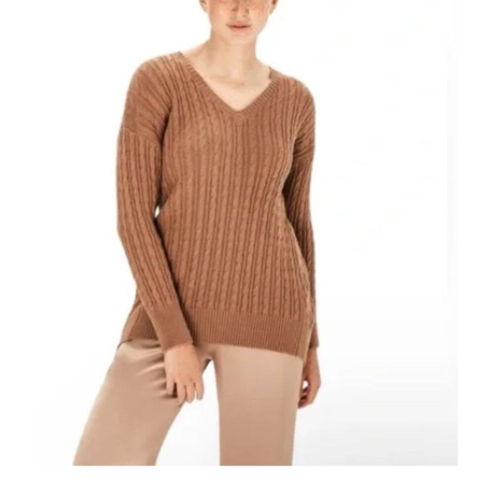 Chloe Kristyn Size Small Tan Tequila V Neck Cable Sweater Cozy Cabin Chic NWT